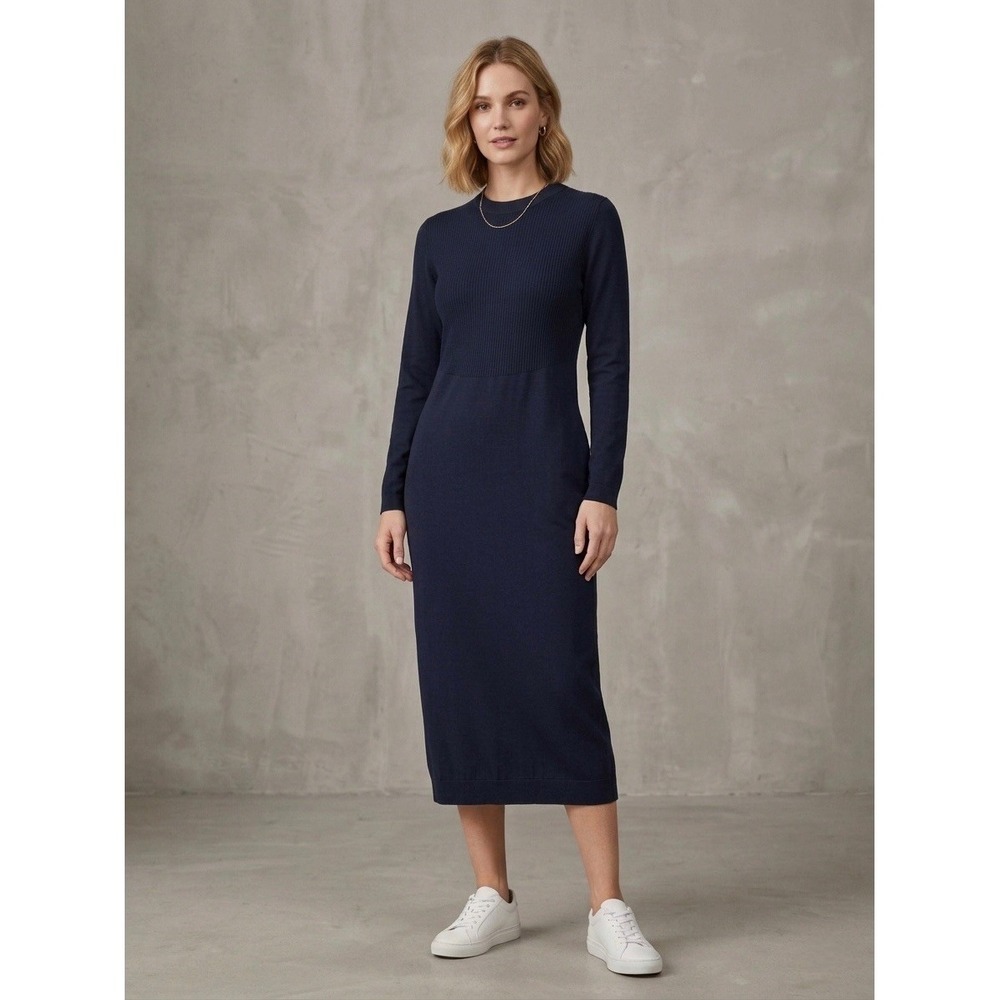 cos blue knit dress Navy Ribbed Mixed Midi Sweater Size Medium Long Sleeve this dress is designed